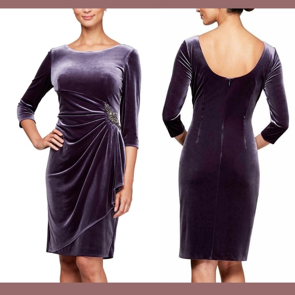 NEW $159 Alex Evenings [SZ 10 ] Side Ruched Velvet Dress in Amethyst‎ - Picture 2 of 12
